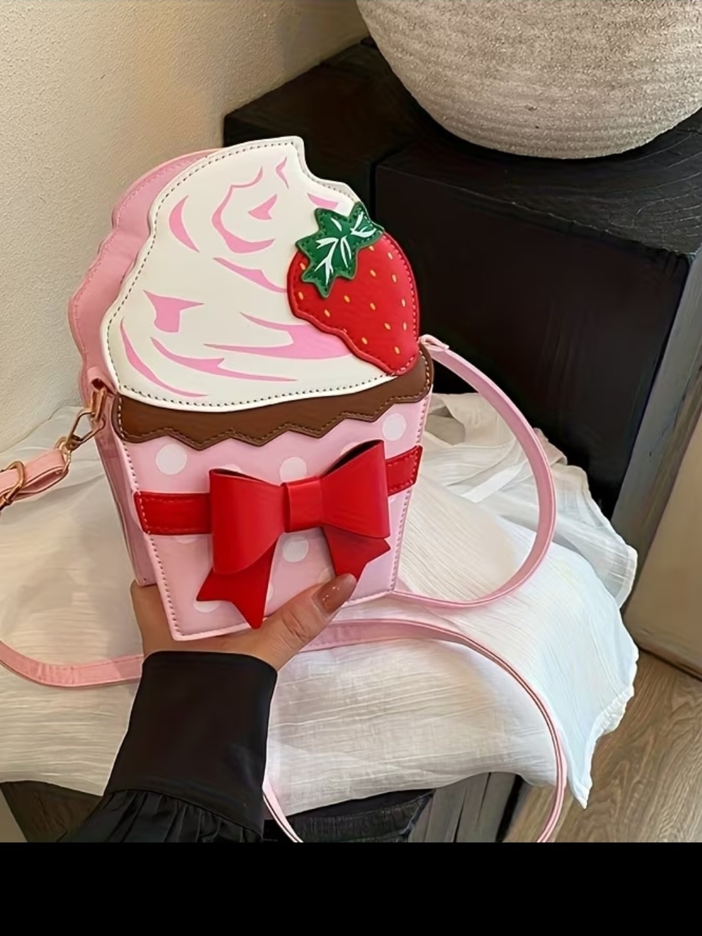 Pink Strawberry Cupcake Crossbody Bag with Red Bow